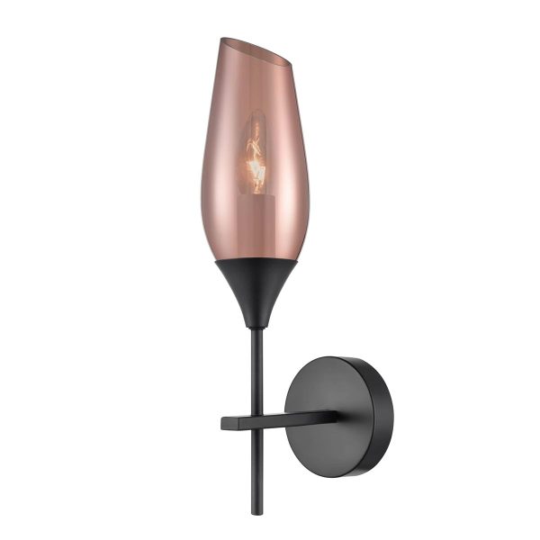 Contemporary single wall light in matt black with copper glass shade