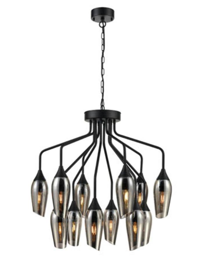 Contemporary 12 Light Chandelier Matt Black Smoked Glass Taper Shades