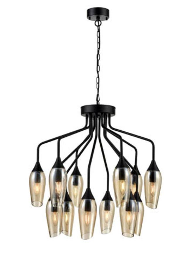 Contemporary 12 Light Chandelier Matt Black Amber Glass Taper Shades