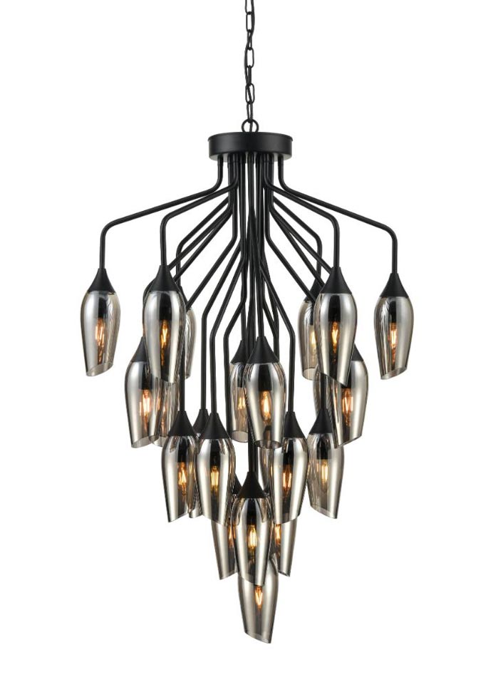 Contemporary 22 Light Chandelier Matt Black Smoked Glass Taper Shades