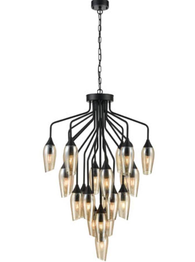 Contemporary 22 Light Chandelier Matt Black Amber Glass Taper Shades