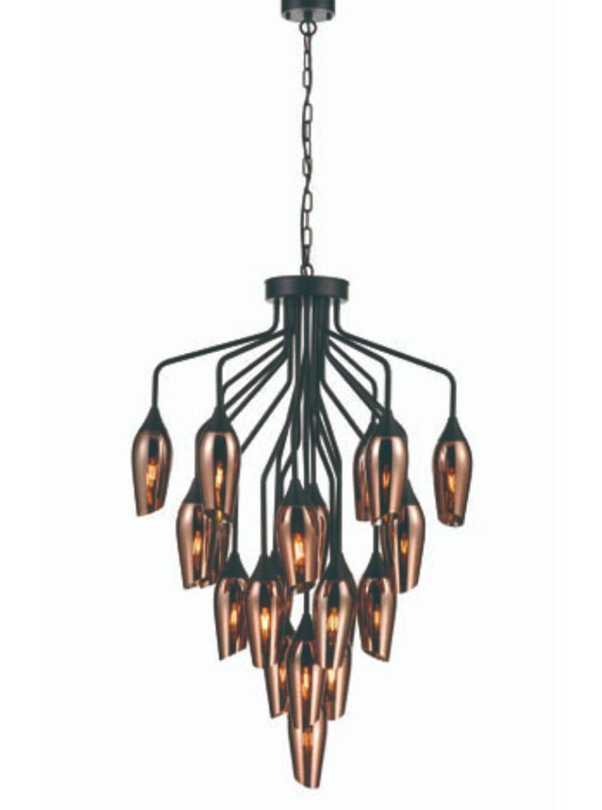 Contemporary 22 Light Chandelier Matt Black Copper Glass Taper Shades