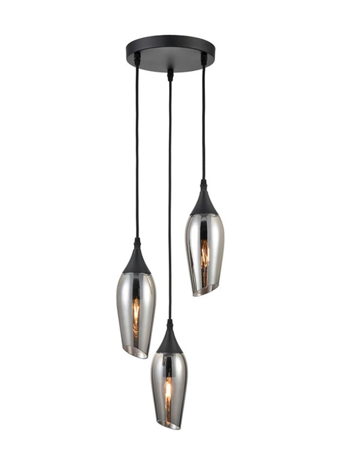 Contemporary 3 Light Ceiling Pendant Black Smoked Glass Taper Shades