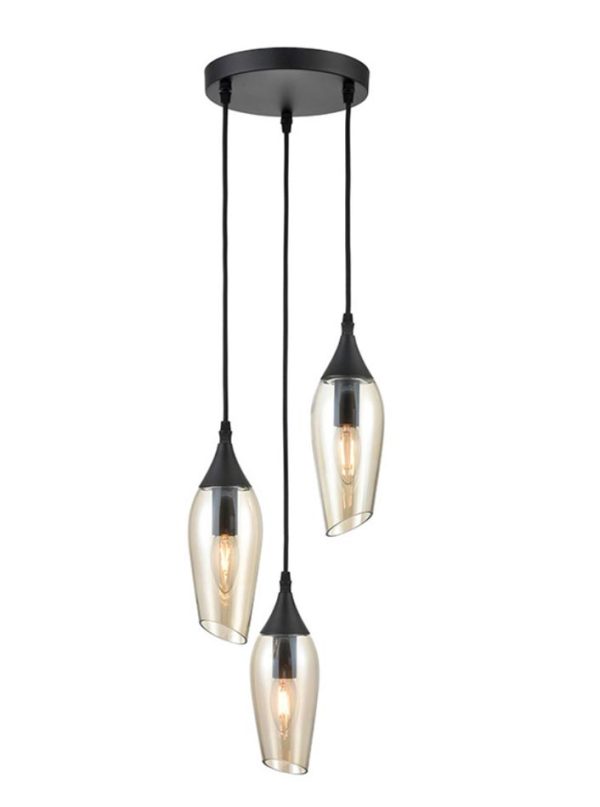 Contemporary 3 Light Ceiling Pendant Black Amber Glass Taper Shades