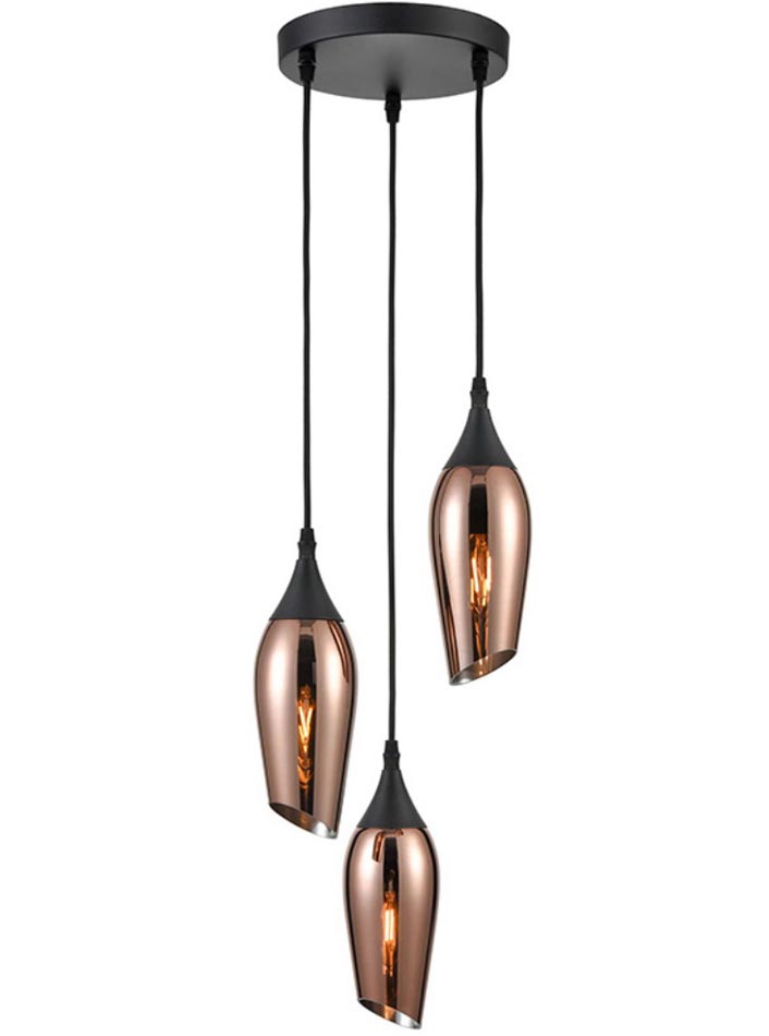 Contemporary 3 Light Ceiling Pendant Black Copper Glass Taper Shades