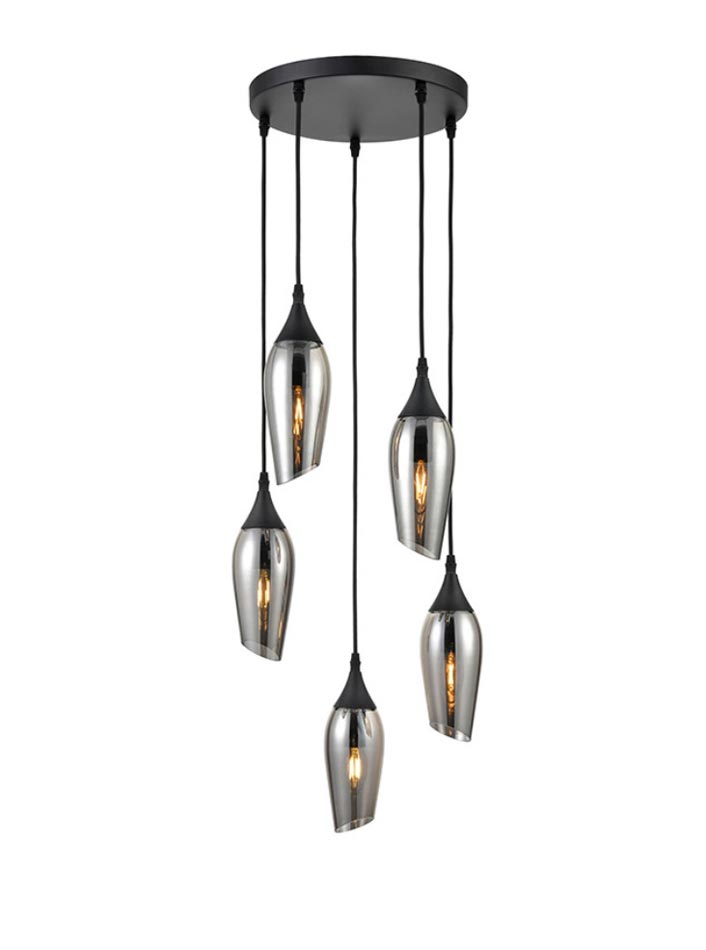 Contemporary 5 Light Ceiling Pendant Black Smoked Glass Taper Shades