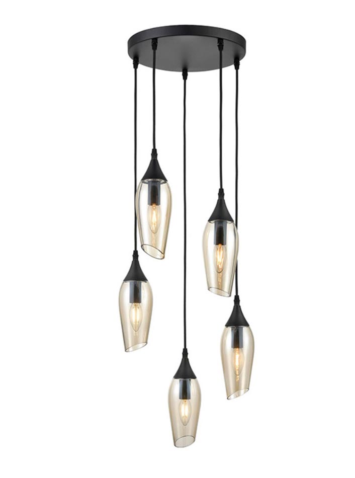 Contemporary 5 Light Ceiling Pendant Black Amber Glass Taper Shades
