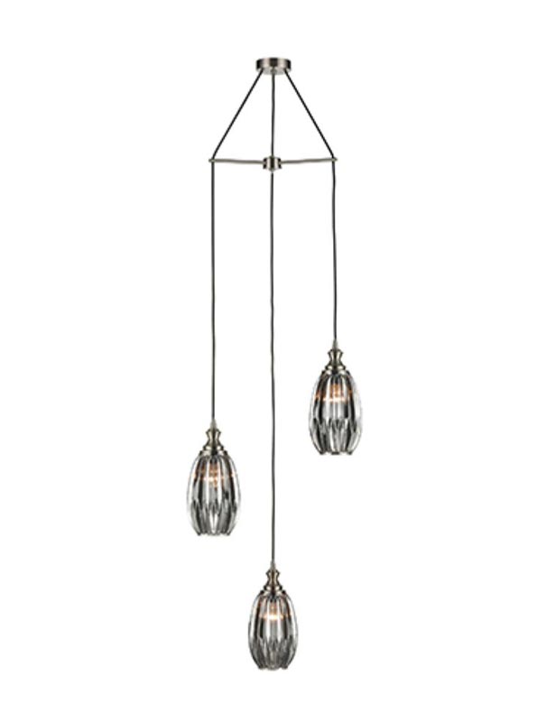 Satin Nickel 3 Light Spreader Pendant 15cm Ribbed Smoked Glass Shades