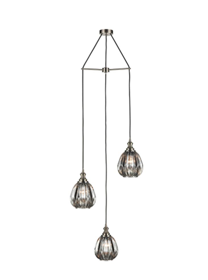 Satin Nickel 3 Light Spreader Pendant 18cm Ribbed Smoked Glass Shades