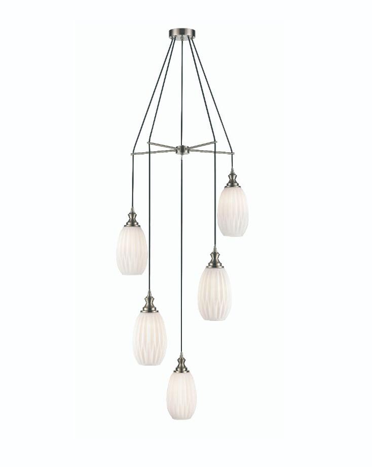 Satin Nickel 5 Light Spreader Pendant 15cm Ribbed Opal Glass Shades