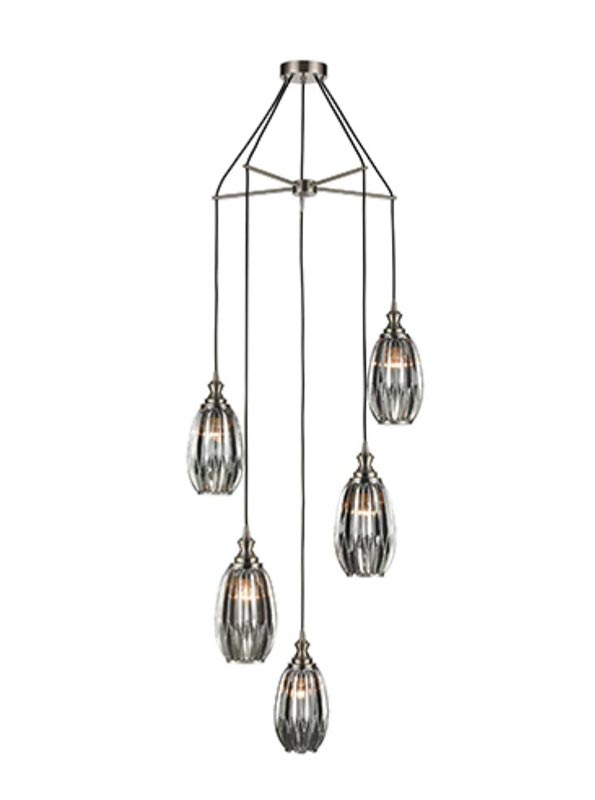 Satin Nickel 5 Light Spreader Pendant 15cm Ribbed Smoked Glass Shades