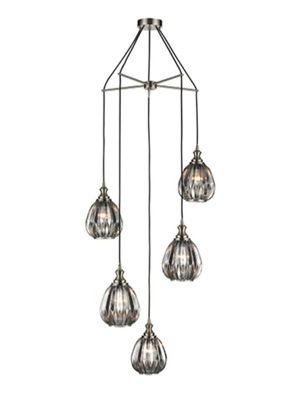 Satin Nickel 5 Light Spreader Pendant 18cm Ribbed Smoked Glass Shades