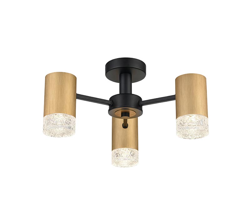 Contemporary 3 Arm Bright Semi Flush Ceiling Light Satin Gold & Black