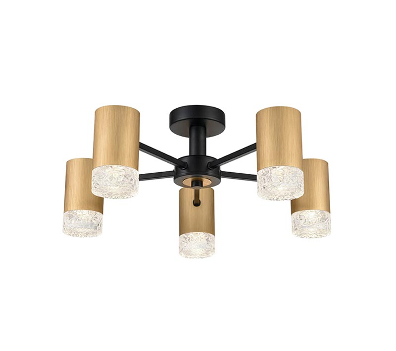 Contemporary 5 Arm Bright Semi Flush Ceiling Light Satin Gold & Black