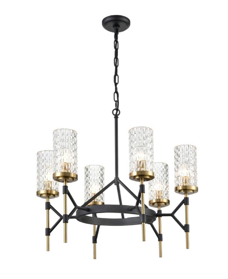 Black & Gold Ironwork 6 Light Chandelier Textured Glass Shades