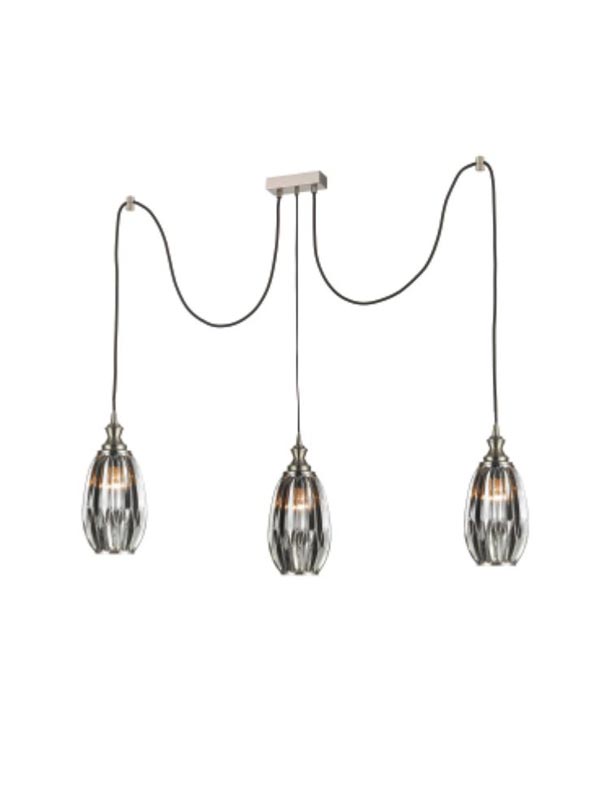 Classic Satin Nickel 3 Light Pendant 15cm Ribbed Smoked Glass Shades