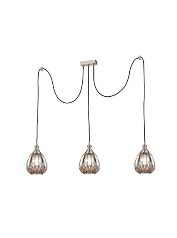 Classic Satin Nickel 3 Light Pendant 18cm Ribbed Smoked Glass Shades