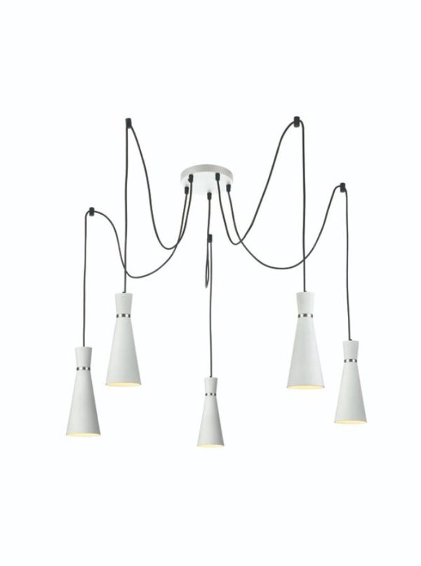 Classic 5 Light Cluster Ceiling Pendant Satin White Cone Shades
