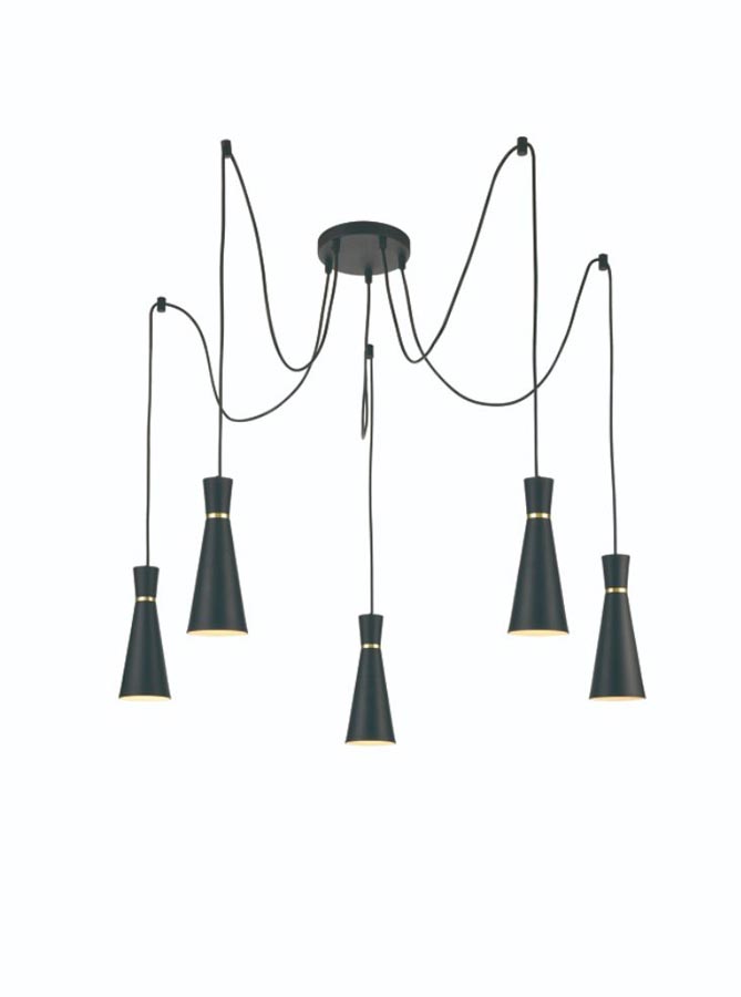 Classic 5 Light Cluster Ceiling Pendant Satin Black Cone Shades