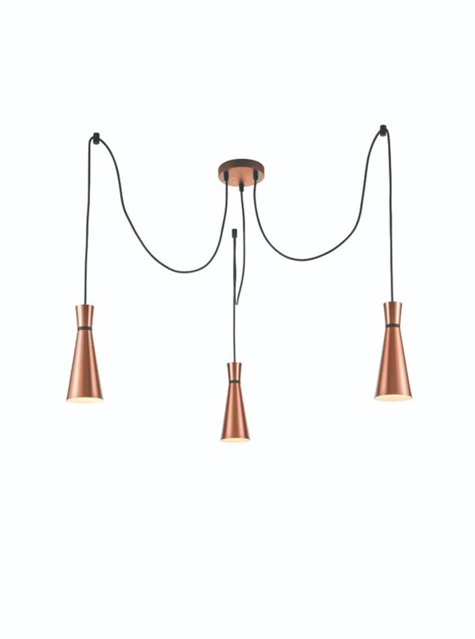 Classic 3 Light Cluster Ceiling Pendant Satin Copper Cone Shades