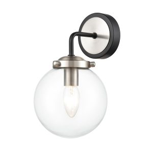 Classic single lamp wall light in matt black & satin nickel with glass globe