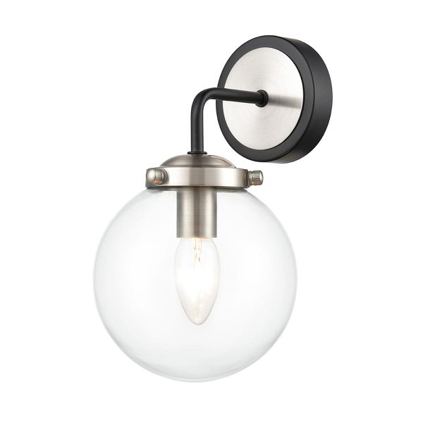 Classic Single Lamp Wall Light Black / Satin Nickel Clear Glass Globe