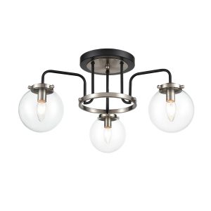 Classic 3 lamp semi flush low ceiling light in matt black & satin nickel with glass globes