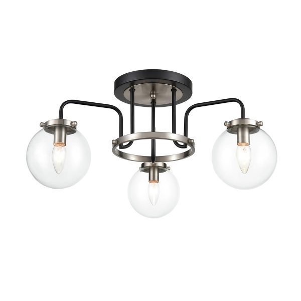 Classic 3 Lamp Semi Flush Ceiling Light Black / Satin Nickel Glass Globes