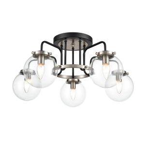Classic 5 Lamp Semi Flush Ceiling Light Black / Satin Nickel Glass Globes