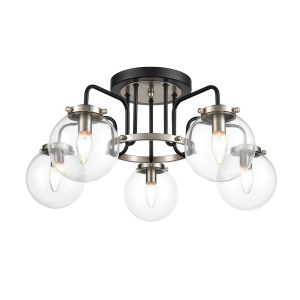 Classic 5 lamp semi flush low ceiling light in matt black & satin nickel with glass globes