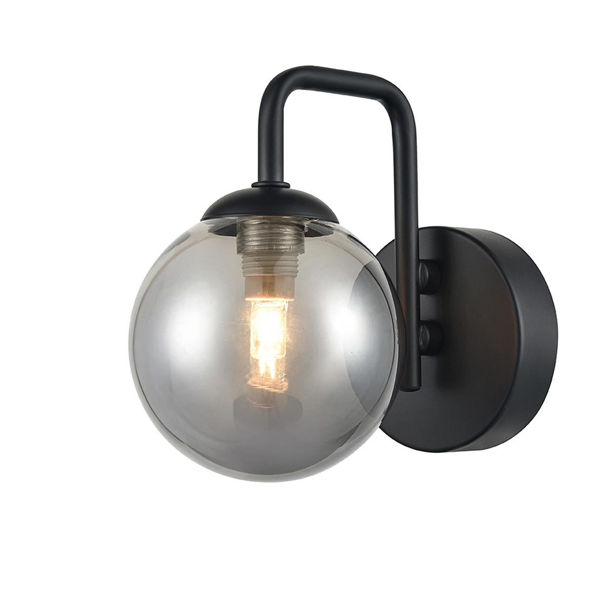 Modern Industrial Single Lamp Wall Light Matt Black Smoked Glass Globe