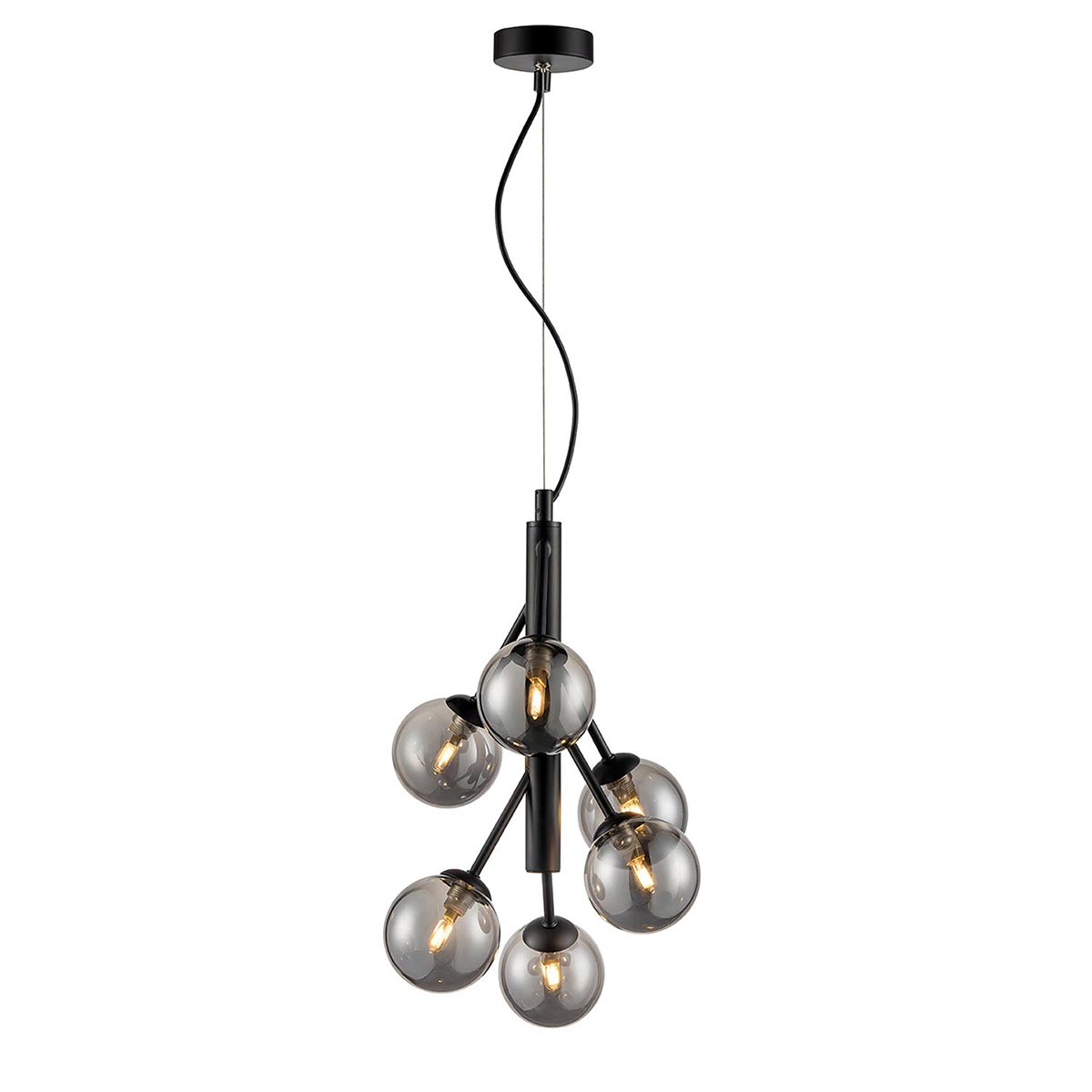 Modern Industrial 6 Light Slim Ceiling Pendant Matte Black Smoked Glass