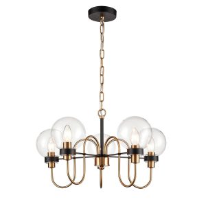 Modern industrial style 5 light ceiling pendant in antique gold and matt black
