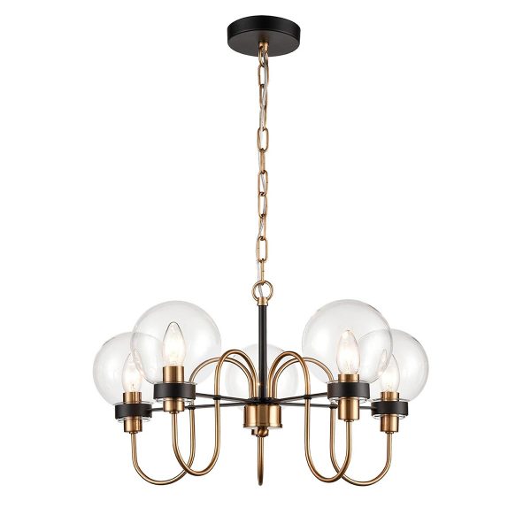 Modern industrial style 5 light ceiling pendant in antique gold and matt black