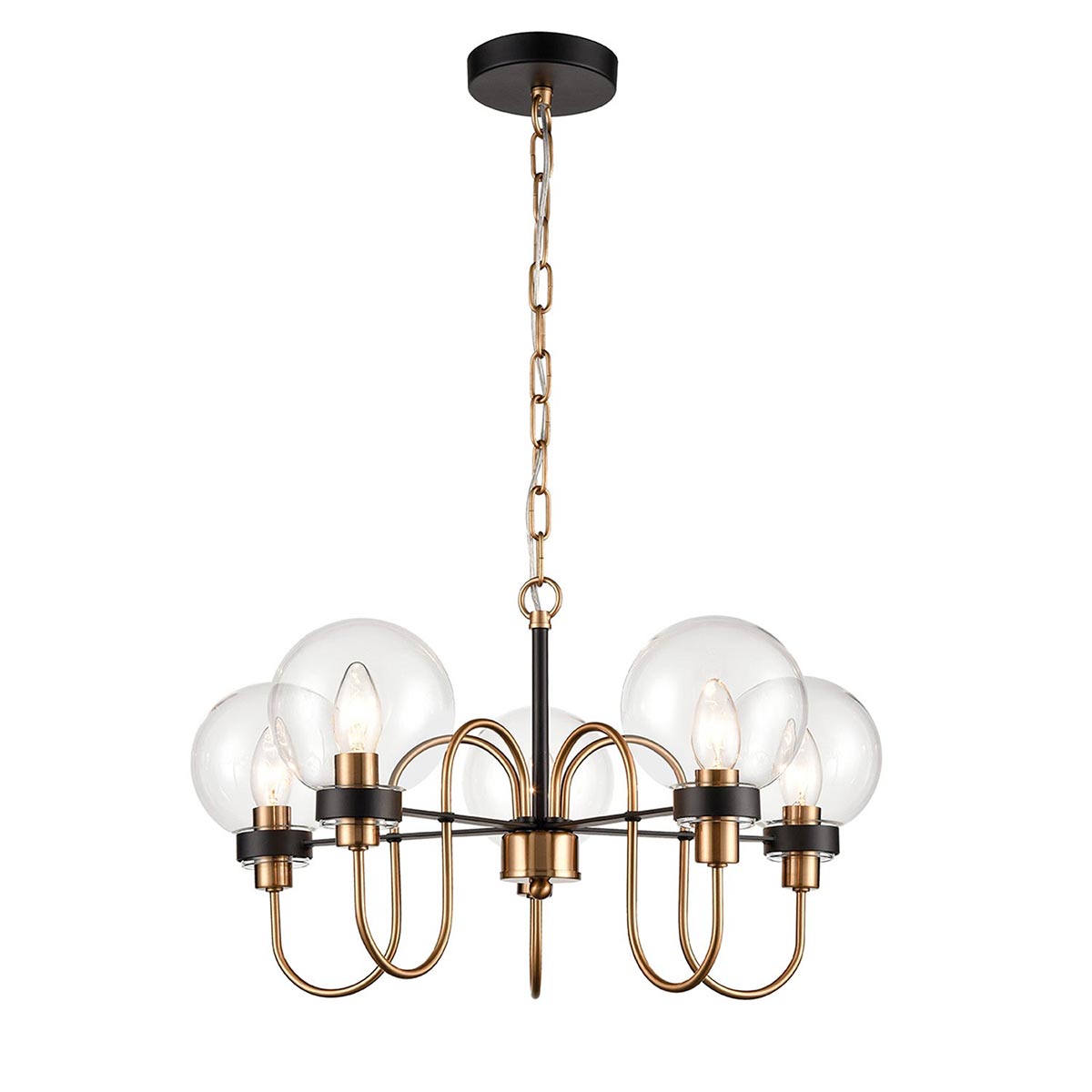 Modern Industrial Style 5 Light Chandelier Gold & Matt Black Clear Glass