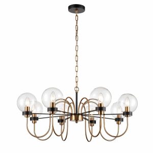Modern industrial style 8 light ceiling pendant in antique gold and matt black