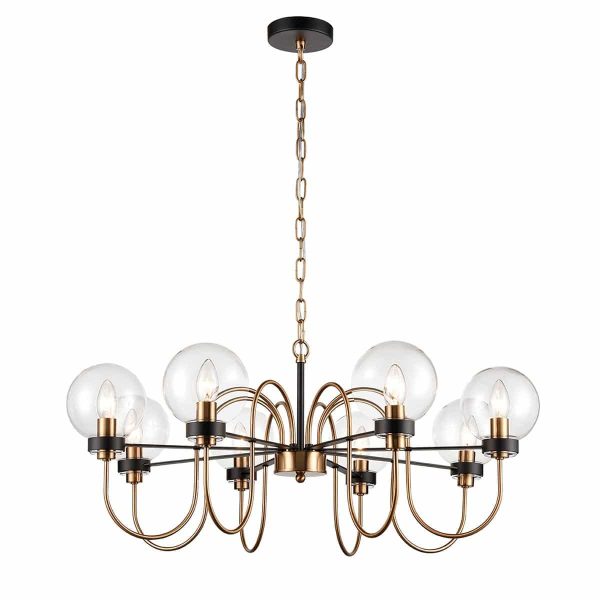 Modern industrial style 8 light ceiling pendant in antique gold and matt black