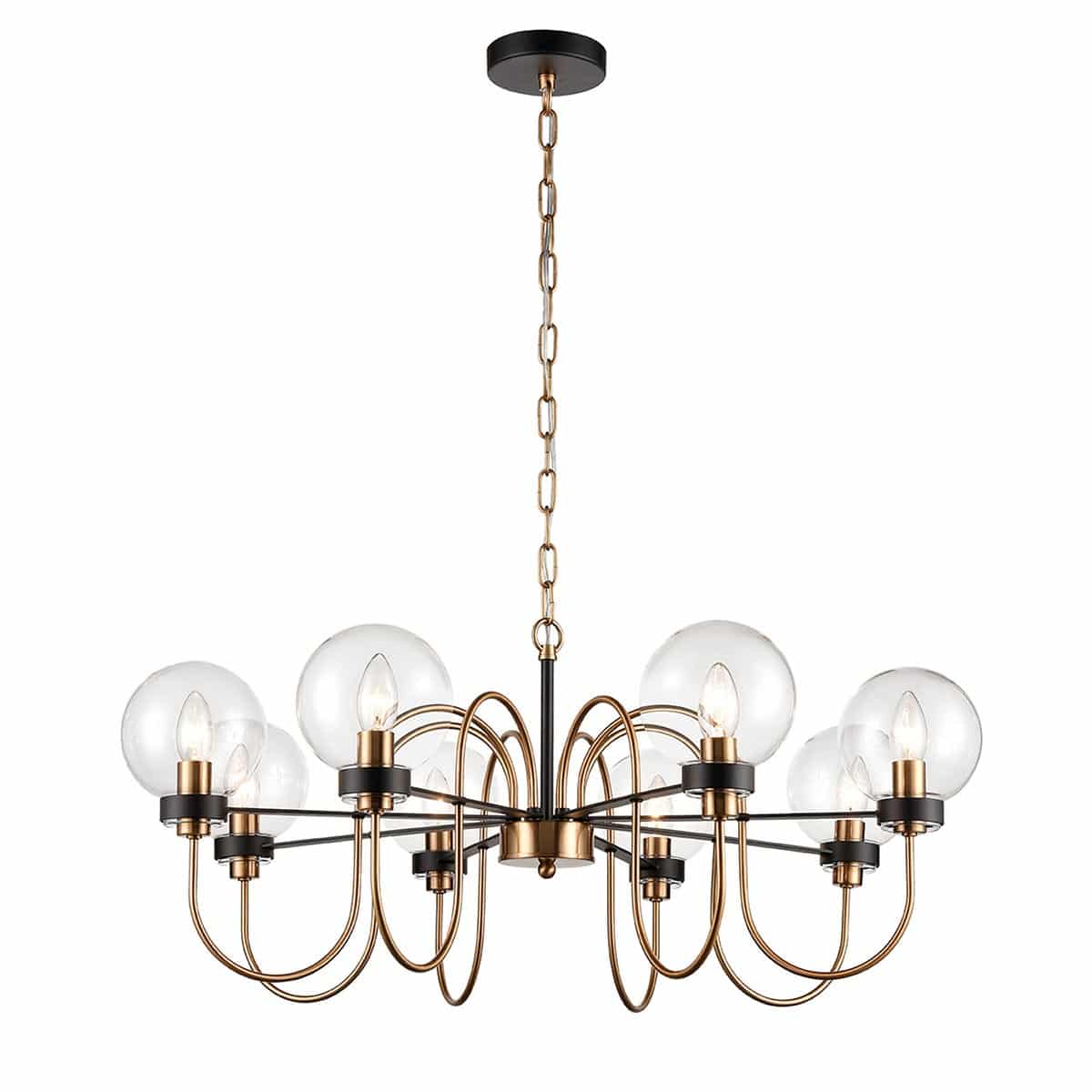 Modern Industrial Style 8 Light Chandelier Gold & Matt Black Clear Glass