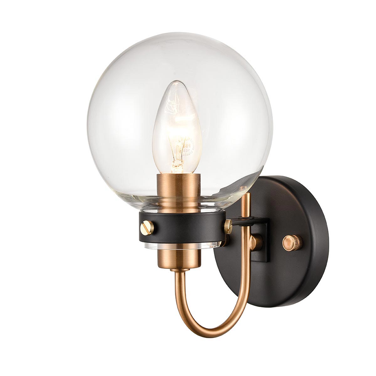 Modern Industrial Single Wall Light Gold & Matt Black Clear Glass Globe