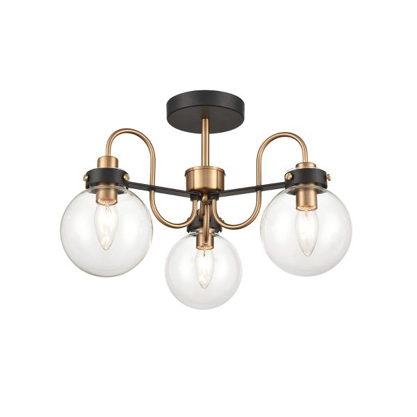 Modern industrial style 3 light semi flush low ceiling light in antique gold and matt black