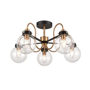 Modern industrial style 5 light semi flush low ceiling light in antique gold and matt black