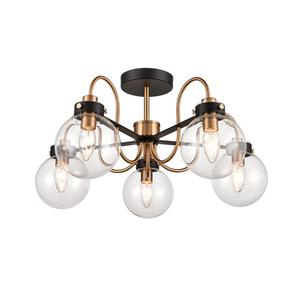 Modern industrial style 5 light semi flush low ceiling light in antique gold and matt black