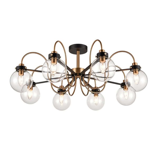 Modern industrial style 8 light semi flush low ceiling light in antique gold and matt black