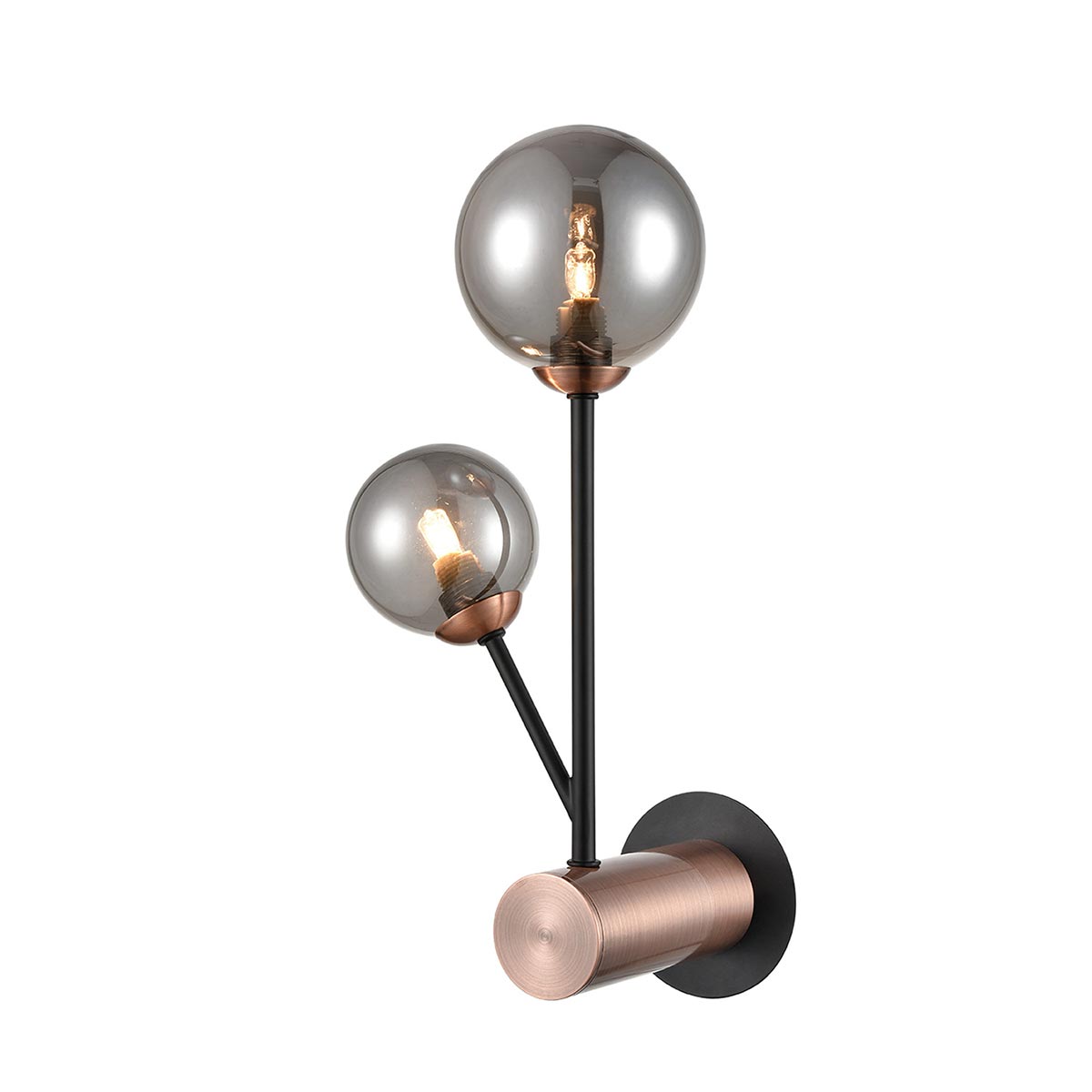 Modern Industrial 2 Lamp Wall Light Matt Black & Copper Smoked Glass