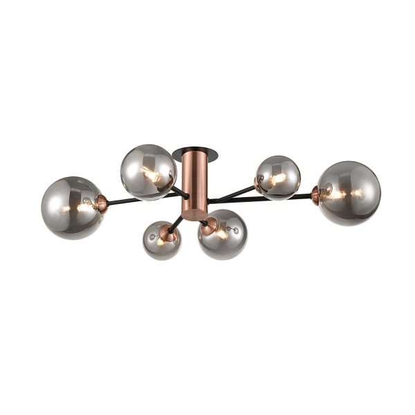 Solstice modern industrial 6 lamp semi flush ceiling light in matt black and copper