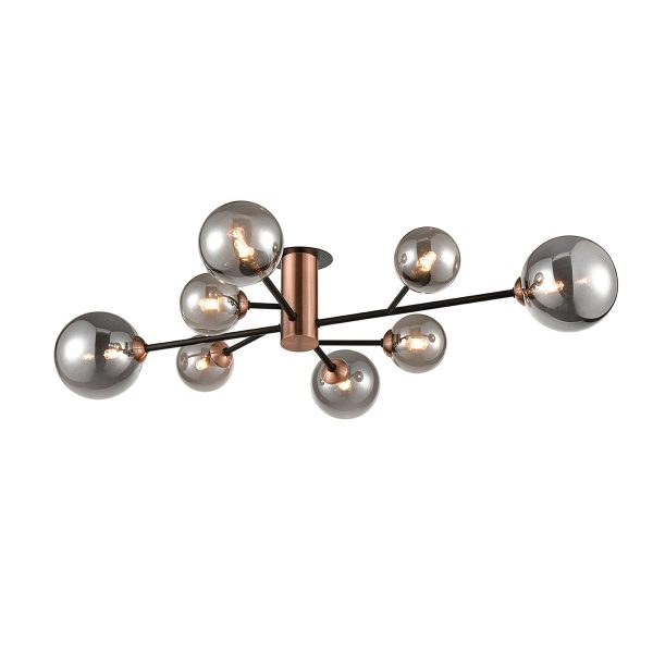 Solstice modern industrial 8 lamp semi flush ceiling light in matt black and copper