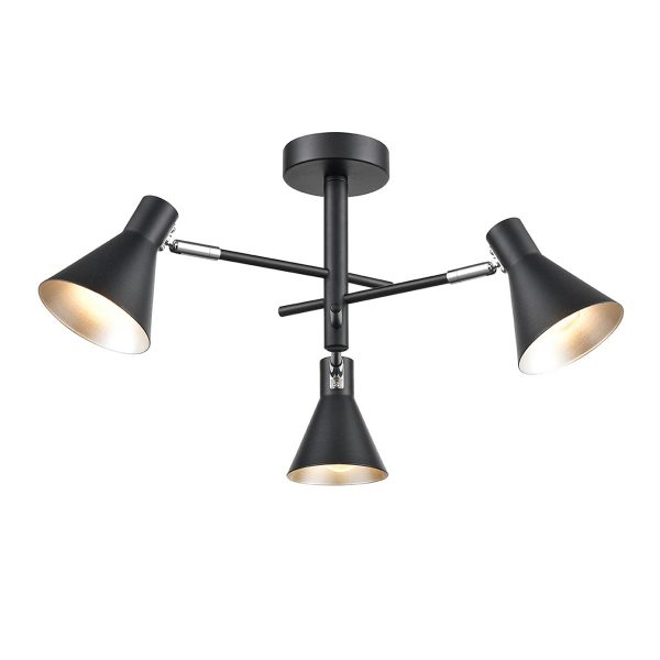 Retro Style Semi Flush 3 Lamp Ceiling Spot Light Matt Black & Silver