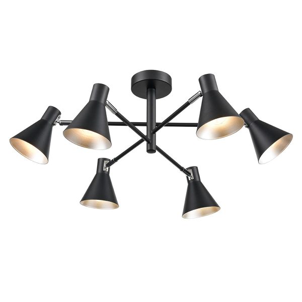 Retro style semi flush 6 lamp ceiling spot light matt black & silver main image