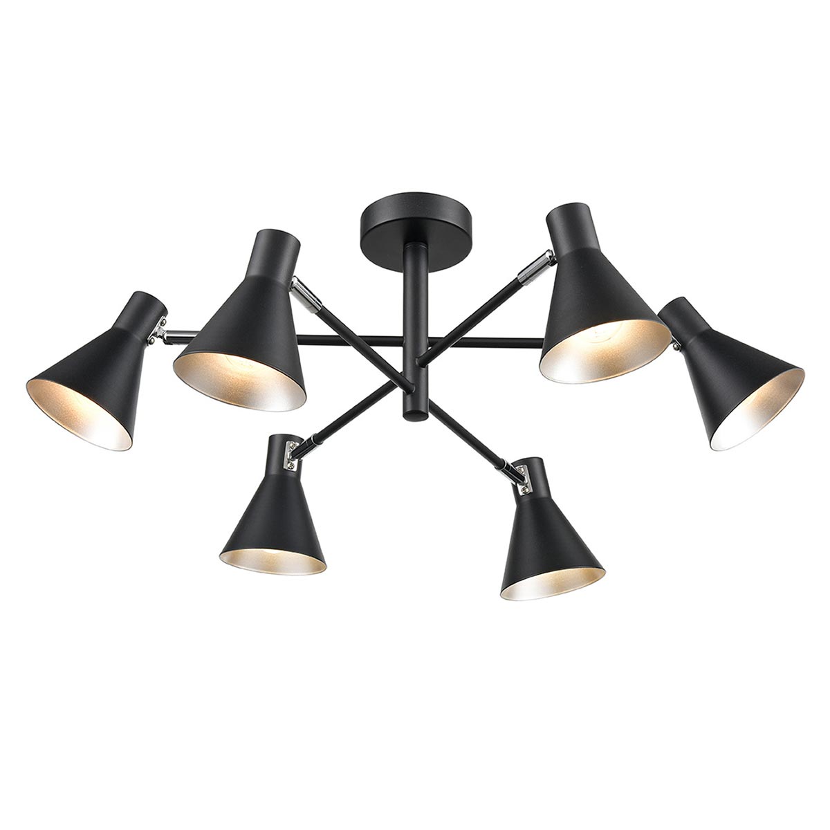 Retro Style Semi Flush 6 Lamp Ceiling Spot Light Matt Black & Silver