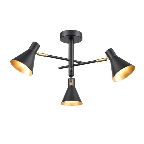 Retro Style Semi Flush 3 Lamp Ceiling Spot Light Matt Black & Gold